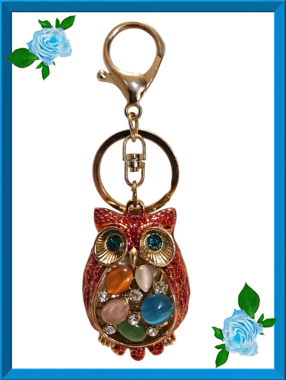 Red & Gold Tone Bejeweled Owl Purse Charm